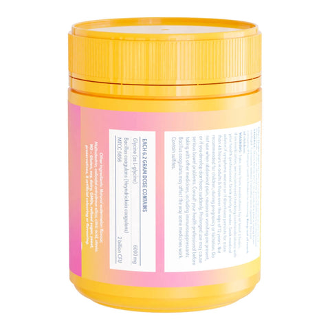 Back view of gut drink with dosage and ingredients.