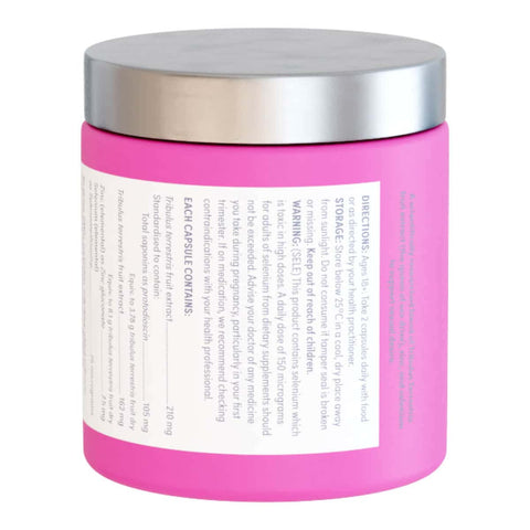 Pink container with silver lid on a white background. Ingredients list. A scientifically researched blend of Tribulus Terrestris fruit extract (the queen of sex drive), zinc, and selenium to support sexual desire. 