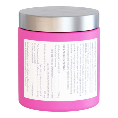 Back of Eve Wellness Turn Me On capsules in a pink container with silver lid on a white background.