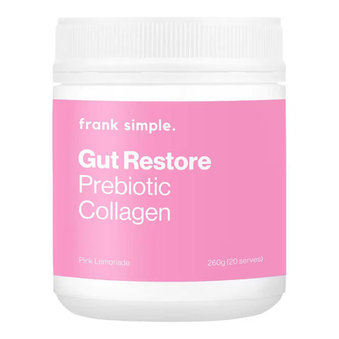 Jar of 'Gut Restore Prebiotic Collagen' 260g by Frank Simple with pink label on white background.