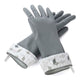 Gray gloves with geometric patterned cuffs on a white background