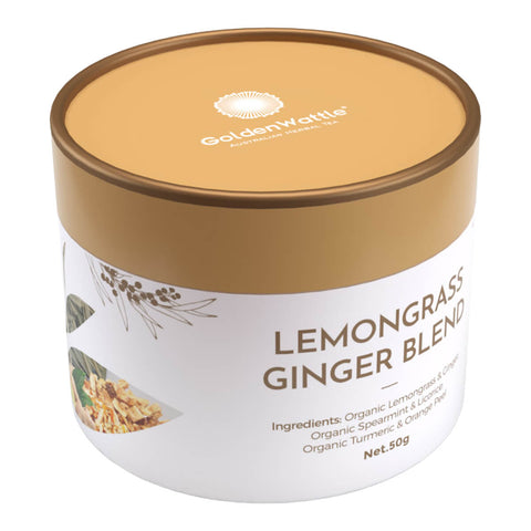 Container of Golden Wattle Lemongrass Ginger Blend, organic loose leaf tea