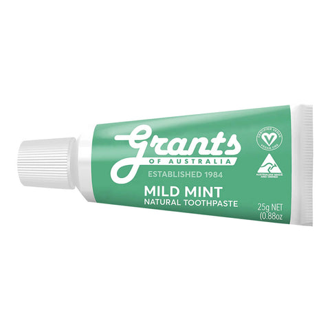 Green mini travel-size tube of Grants Mild Mint Natural Toothpaste.