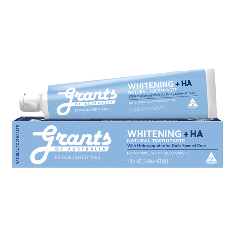 Grant's Whitening + HA toothpaste tube and packaging on a white background