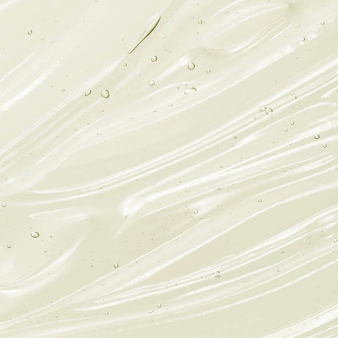 Swatch of shampoo - clear liquid texture. All natural ingredients including rosemary, lavender, pineapple enzymes, olive oil.