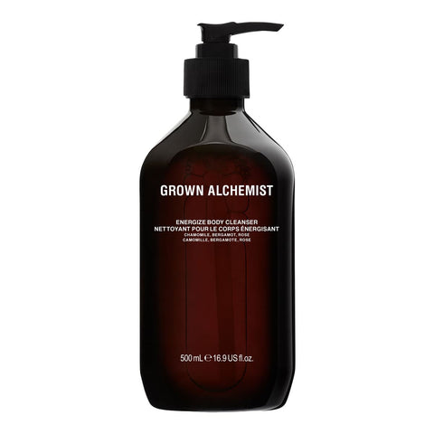Brown bottle of Grown Alchemist Energize Body Cleanser 500ml with a pump on a white background.