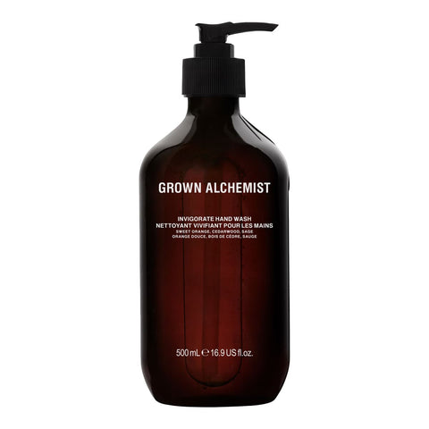 Brown bottle with pump of Grown Alchemist Invigorate Hand Wash 500ml on a white background.
