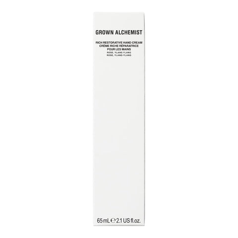 Grown Alchemist Rich Restorative Hand Cream 65ml packaging on a white background.