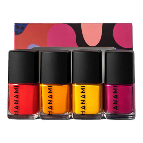 Four bottles of Hanami nail polish in red, orange, yellow, and pink with a colorful box in the background.