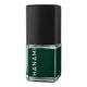 Green nail polish bottle with black cap on a white background