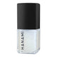 Clear nail polish bottle with black cap on a white background
