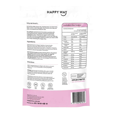 The back of a Happy Way pouch showing product information, ingredients, directions, nutrition facts, and a barcode on a white background.