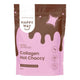 A 360g stand-up pouch of Happy Way Collagen Hot Choccy in chocolate flavour. Packaging features a pink lower half with brown chocolate-drip graphics.
