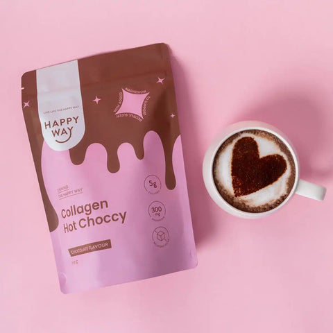 Happy Way Collagen Hot Choccy package with a cup of hot chocolate on a pink background.