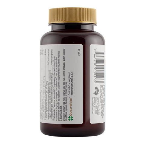 Back of activated b complex supplement bottle label with gold cap on a white background