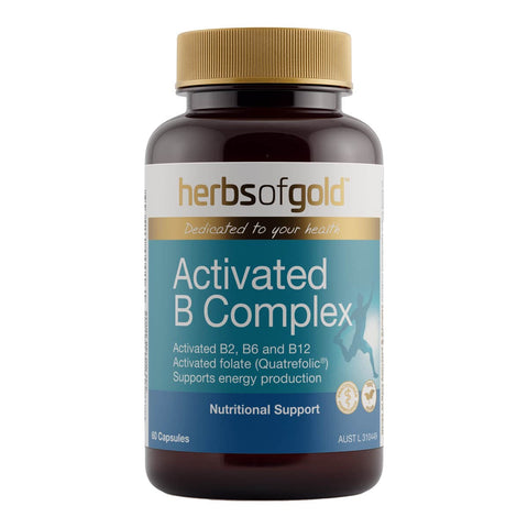 Herbs of Gold Activated B Complex supplement bottle on a white background