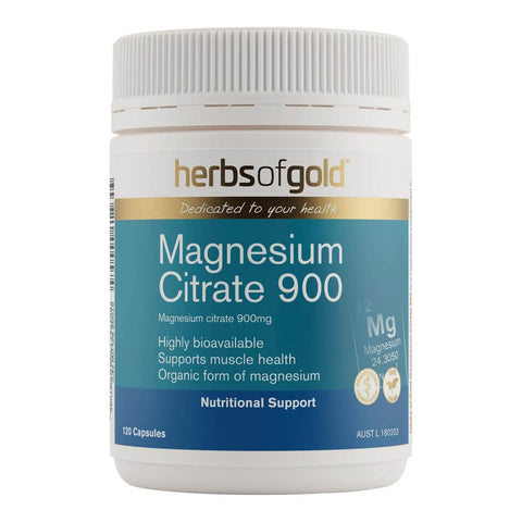 Herbs of Gold Magnesium Citrate 900 supplement bottle on a white background
