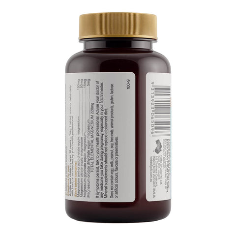 Back of magnesium forte supplement bottle label with gold cap on a white background