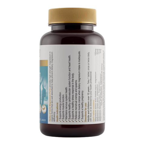 Side of magnesium forte supplement bottle label with gold cap on a white background