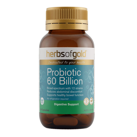 Herbs of Gold Probiotic 60 Billion 60 capsules on a white background. 