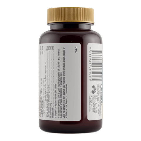 Back of vitamin c 1000 plus supplement bottle label with gold cap on a white background