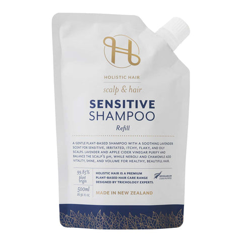 Sensitive shampoo in a 500ml refill pouch on a white background.