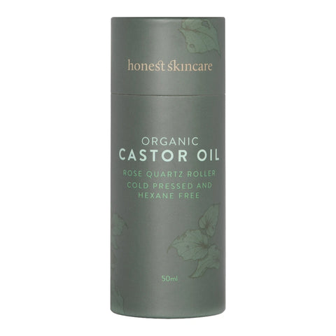 Honest Skincare Organic Castor Oil Rose Quartz Roller 50ml grey green cylinder box with the Honest Skincare name, front of the box on white