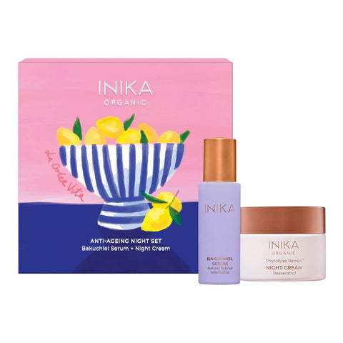 INIKA Organic Anti-Ageing Night set with serum and night cream. 