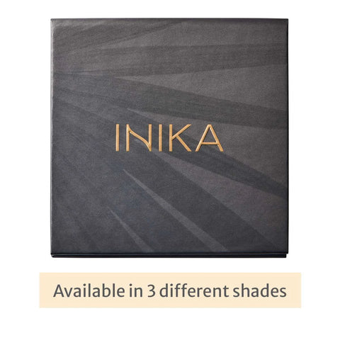 INIKA product packaging with gold text on a dark background. Available in 3 different shade ranges.
