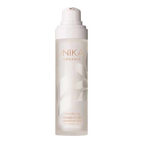 INIKA Organic Pure Biome Hydro-Fluid Moisturiser 50ml open bottle with the pump lifted, front view on a plain white background