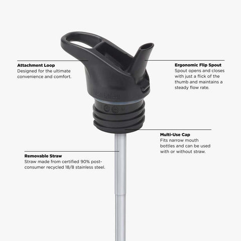 Close up of flip seal sport cap - ergonomic flip spout, multi-use cap, removable straw, attachment loop.