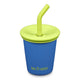 Front of Klean Kanteen Kids Cup with Straw Lid 295ml - Super Sonic. Blue steel cup with green silicone lid & straw tip.