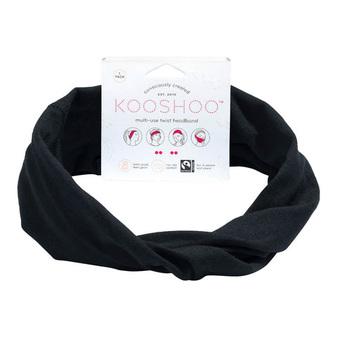Black headband with Kooshoo packaging on a white background