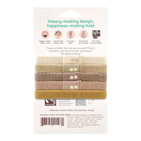 Pack of five flat hair ties on a white background with text about sustainability.