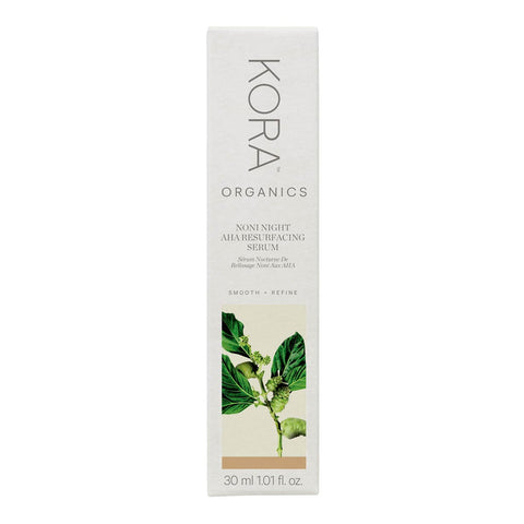 Kora Organics serum packaging with green leaf design on a white background.