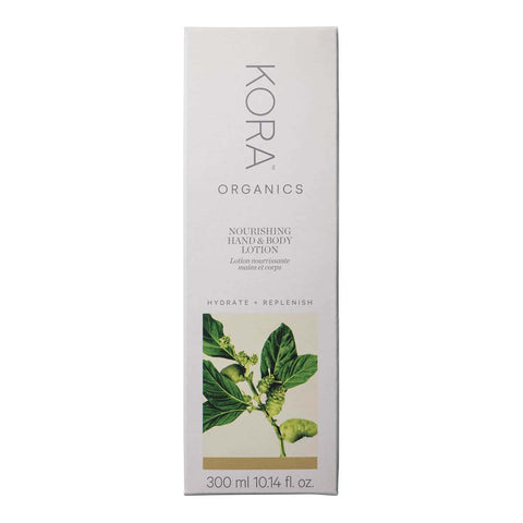 Kora Organics nourishing hand and body lotion packaging on a white background.