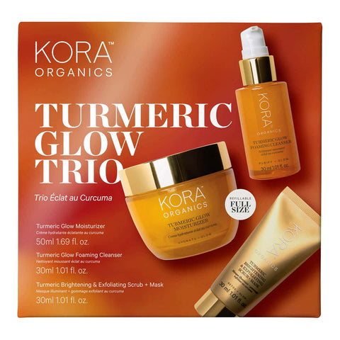 KORA Organics Turmeric Glow Trio - closeup of front of box. 