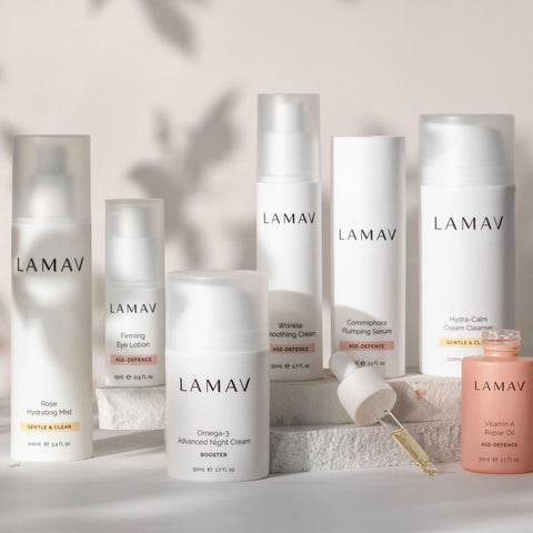 Collection of LAMAV skincare products on a neutral background