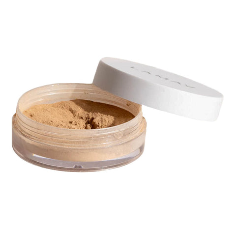 Open container of lamav loose powder mineral foundation in the shade - dark.