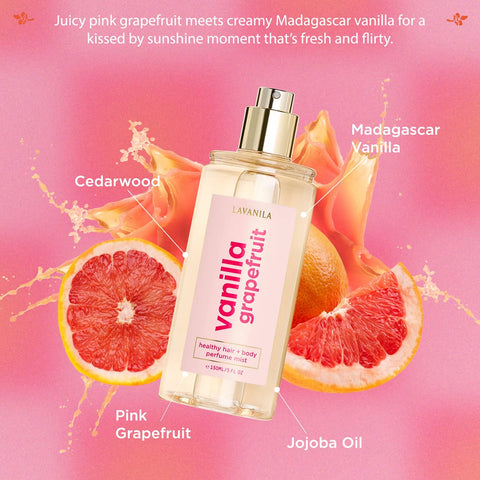 Perfume bottle labeled ' Lavanila Vanilla Grapefruit' with grapefruit slices and product details on a pink background