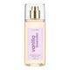 Clear perfume bottle with a gold nozzle, clear cap, and purple label.