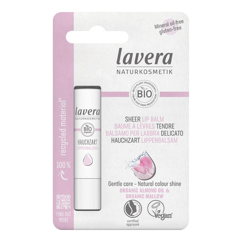 Lavera Pearly Pink Lip Balm in cardboard packaging on a white background.