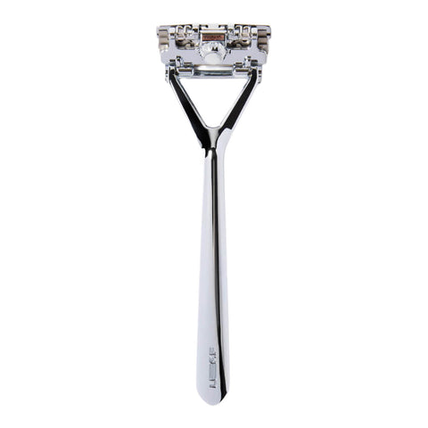 Silver safety razor on a white background