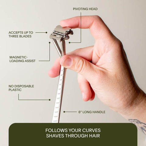 Hand holding a safety razor with labeled features on a neutral background