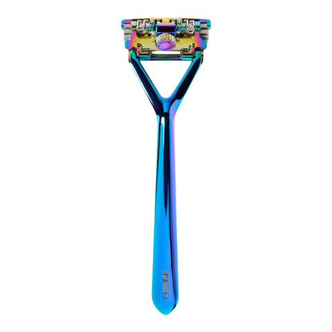 Multicolored and blue razor on a white background