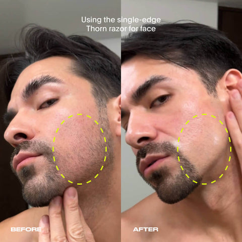 Before and after comparison of a man using a single-edge razor on his face.