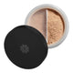 Open container of loose powder with a black lid featuring a logo, on a white background.