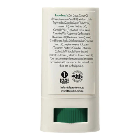 The back of a baby sunscreen tube with a label showing ingredients and logos on a white background.
