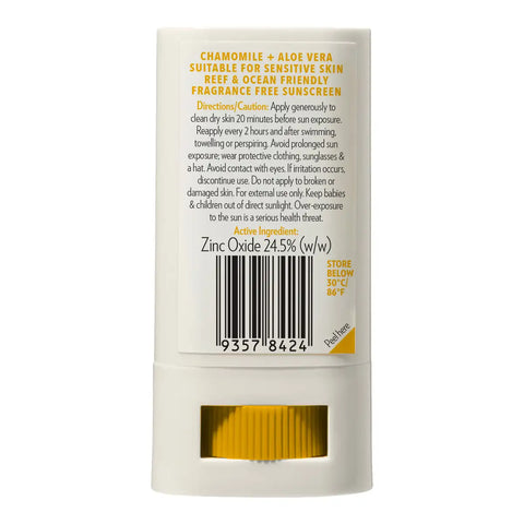 The back of a white sunscreen stick container, showing product details, directions, a barcode, and text indicating chamomile and aloe vera fragrance-free sunscreen with zinc oxide 24.5% (w/w).