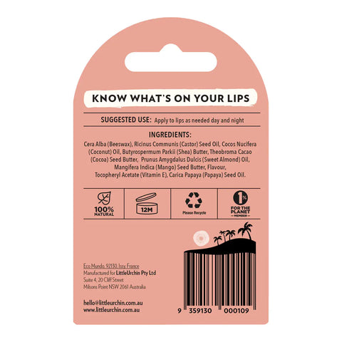 Back of a lip balm package in a dusty pink card-style shape with a die-cut hanging tab. The card shows product information, ingredients, icons, and a barcode.